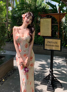 现货【微醺恋夏】很考技术经典法式领浪漫vibe晕染感玫瑰花连衣裙