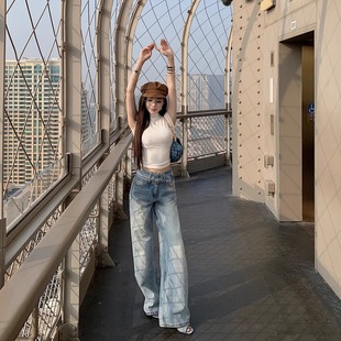 现货 干净利落时髦挂 宽腰带视觉清爽洗水显瘦牛仔裤 清水单宁