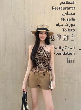 现货【涩谷小野豹】沙丘风既视感 slp古着感豹纹挂脖印花背心