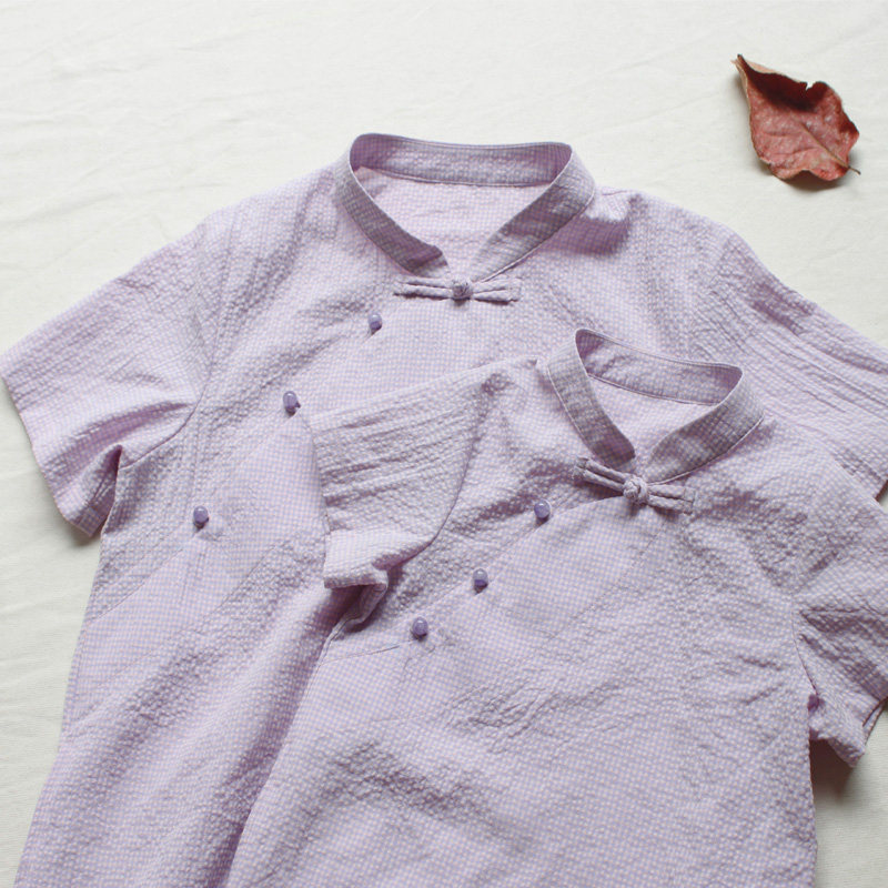 亲子中长款低领短袖文艺复古夏旗袍紫格子宽松母女装民国风连衣裙