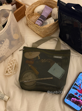 无yin风～迷你网眼镂空小提袋！米色旅行洗漱包沙滩包健身收纳包