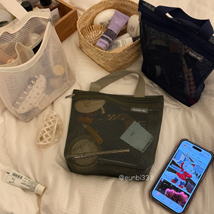 米色旅行洗漱包沙滩包健身收纳包 无yin风～迷你网眼镂空小提袋