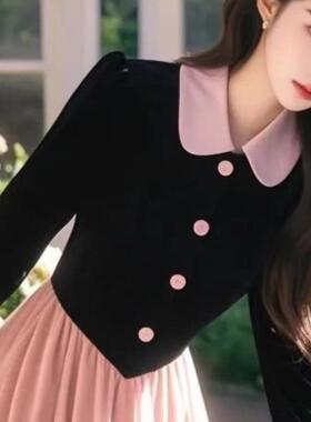 小香风打底长裙法式高级感漂亮独特气质黑粉拼接丝绒连衣裙冬季女