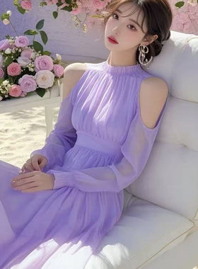 2025春富家千金高级感穿搭小众减龄收腰超好看紫色露肩雪纺连衣裙