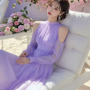 2025春富家千金高级感穿搭小众减龄收腰超好看紫色露肩雪纺连衣裙
