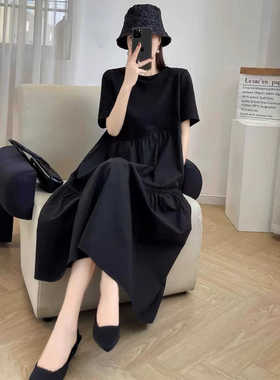黑色短袖赫本风连衣裙女夏季2024新款韩版宽松显瘦大码中长款裙子