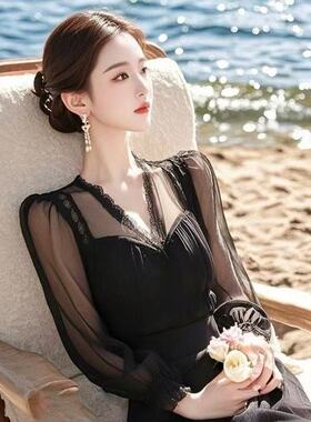 小香风黑色雪纺连衣裙2025早春款法式独特绝美收腰气质仙女长裙子