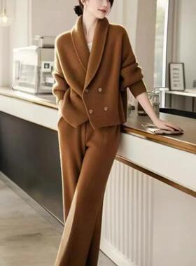 复古休闲高级感针织套装女宽松毛衣外套阔腿裤两件套秋冬新款女装