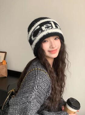 复古字母提花针织毛线帽女秋冬保暖护耳包头冷帽百搭显脸小堆堆帽
