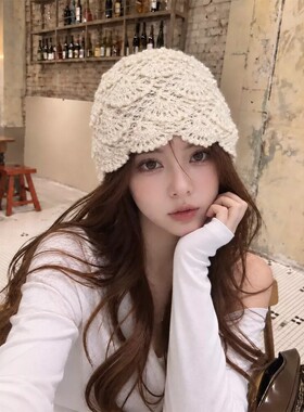 手工钩织立体花朵毛线帽女秋冬新款复古针织包头帽显脸小保暖冷帽