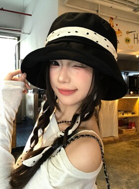 日系波点宽檐防晒显脸小渔夫帽