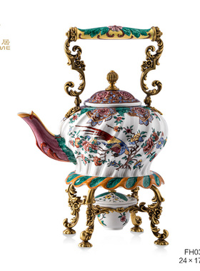 凤凰美居铜配瓷精美彩绘花卉茶壶青花经典百搭温茶壶套装下午茶杯