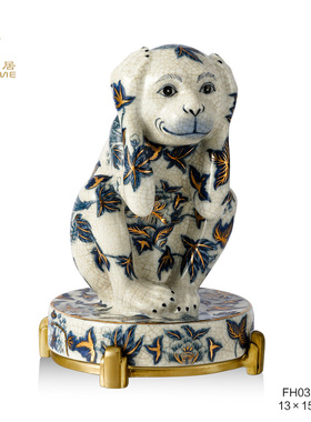 凤凰美居新品铜配瓷三不猴系列禅意猴客厅玄关展示柜桌面摆件