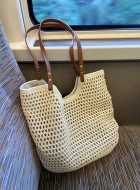 2025新款大容量单肩棉线编织包新款镂空网纹托特包海边度假沙滩包