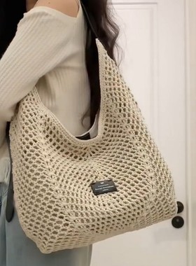 编织托特包包女2025春夏新款大容量韩系小众镂空单肩斜挎手提包包