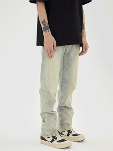 弹性宽松休闲百搭长裤 UNKNOWTAL 水洗做旧黄泥蓝浅色直筒牛仔裤