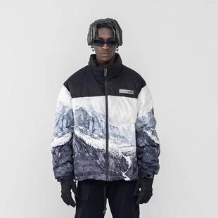 harsh and cruel尼龙拼接刺绣LOGO雪山全幅印花羽绒棉服秋冬外套