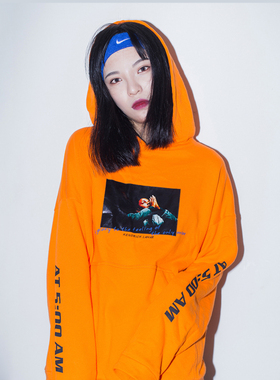 CHIGGA潮牌经典人像BF风橙色连帽卫衣男女春秋情侣帽衫ins潮