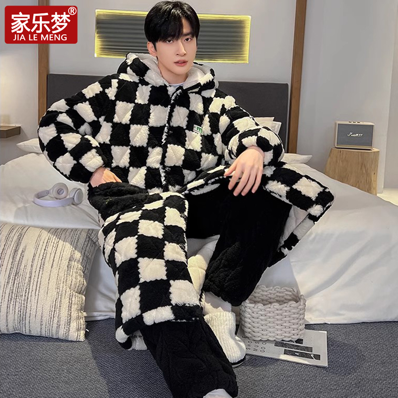 家乐梦睡袍男士珊瑚绒夹棉