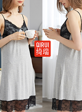 绮瑞特价睡衣女士春夏季薄款性感黑色蕾丝情趣莫代尔弹力吊带睡裙