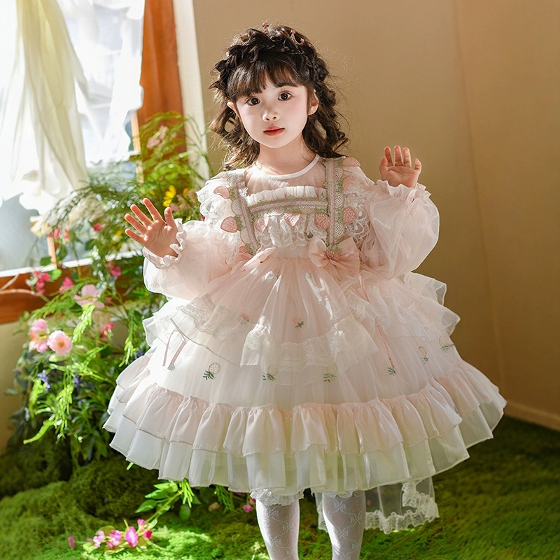 女童秋装粉色连衣裙 新款儿童草莓泡芙女孩洛丽塔高定礼服公主裙