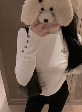 十字架烫钻磨毛纽扣长袖T恤女秋季新款小众纯欲ins磨毛打底衫上衣