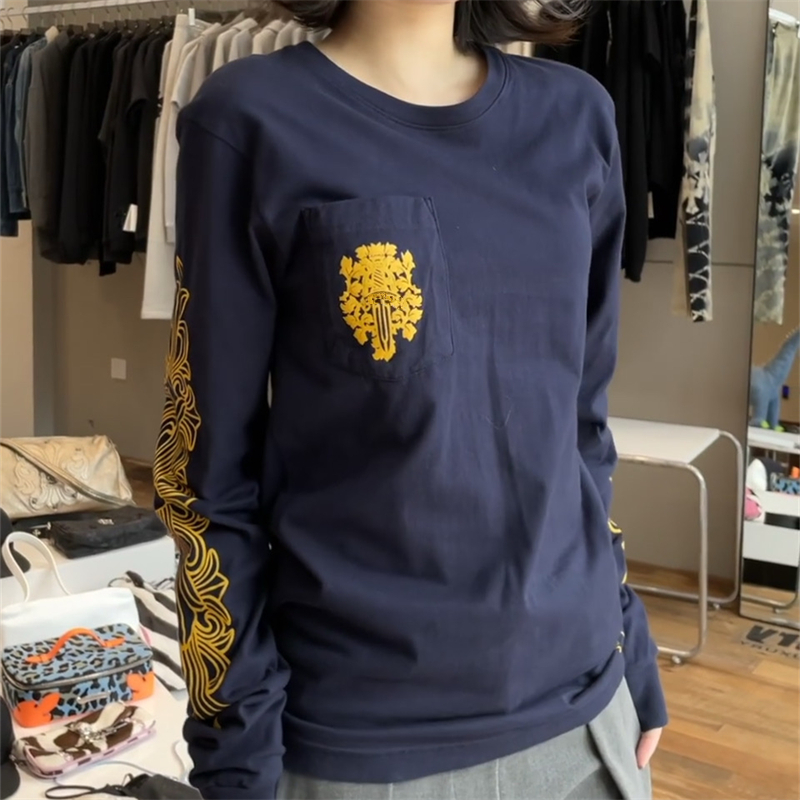 春秋新款美式复古梵文口袋撞色印花长袖T恤女ins纯欲设计感上衣潮