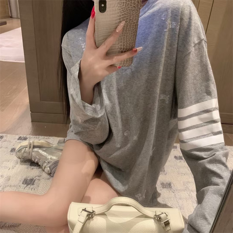 学院风全身烫钻TB小狗四条杠长袖T恤早秋薄款慵懒风圆领休闲上衣