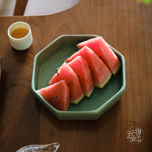 玩物志【夏秋，八角盘】粗陶水果点心盘草绿复古碟子日系菜盘