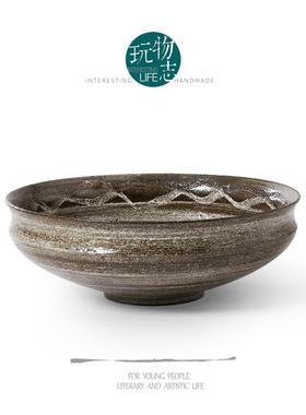 玩物志 | 侘寂感 大号粗陶水果盘 复古风 手工刻画 粗朴大碗 汤碗