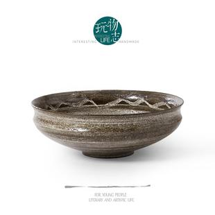 侘寂感 粗朴大碗 大号粗陶水果盘 手工刻画 汤碗 复古风 玩物志