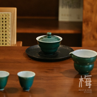 玩物志【松石绿珠光釉盖碗】110ML 景德镇纯手工泡茶碗二才