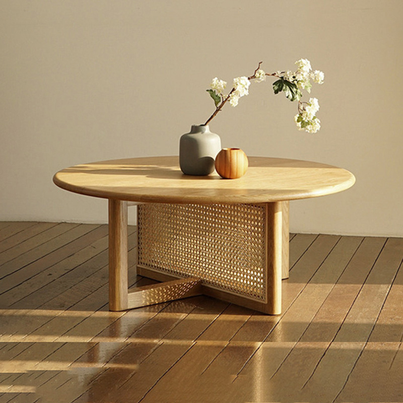 中古实木藤编茶几圆形边几茶桌子