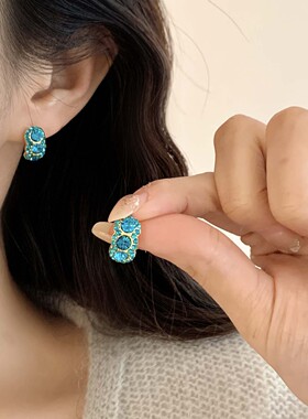 蓝色水钻耳环女轻奢小众设计感闪亮耳饰极简时尚潮流无耳洞耳夹