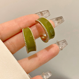 复古芥末黄圈圈耳环法式小众简约ins风耳钉质感冷淡风无耳洞耳夹