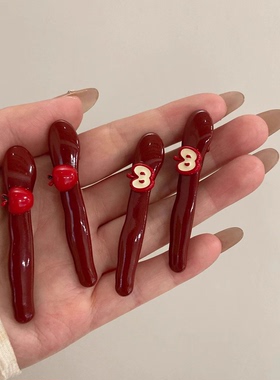 红色苹果发夹卡安可拉红女小众设计刘海侧边夹鸭嘴一字夹时尚百搭