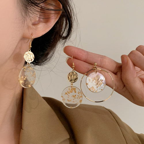 复古港风透明大耳环金色亮片耳钉