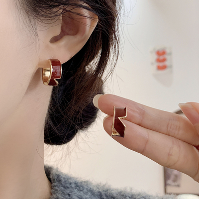 红色滴釉轻奢小众圆环耳环