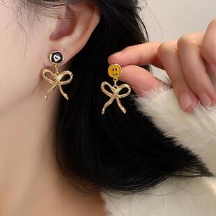 珐琅笑脸爱心蝴蝶结耳钉原创设计2024新款甜美小众设计无耳洞耳夹