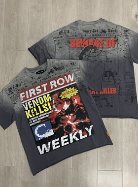 First Row美式潮牌毒蝎印花反车烫钻高街夏T恤衫宽松纯棉圆领短袖