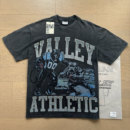 Vale Valley美式卡通印花烫钻洗水做旧潮牌高街重磅纯棉短袖T恤衫