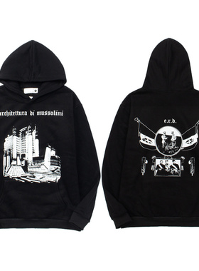 ERD忧郁的富二代25ss复古墨索里尼建筑印花美潮高街抓绒连帽卫衣