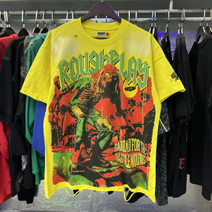 美式 Play怪兽印花T恤衫 复古洗水做旧破洞纯棉圆领短袖 潮牌Rough