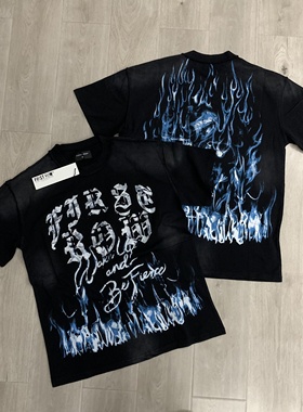 First Row火焰印花潮牌复古洗水嘻哈高街夏T恤衫宽松纯棉圆领短袖