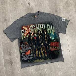 RoughPlay美式骷髅人潮牌洗水做旧破洞烫钻INS圆领纯棉短袖T恤衫