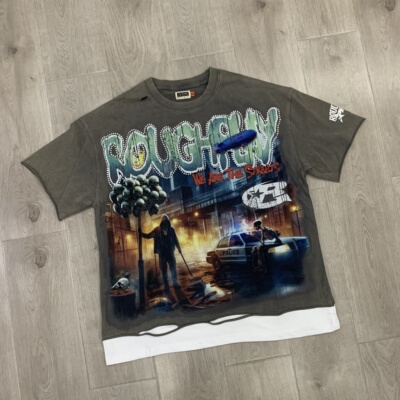 潮牌RoughPlay美式复古洗水做旧烫钻圆领纯棉宽松假两件短袖T恤衫