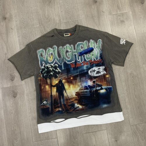 潮牌RoughPlay美式复古洗水做旧烫钻圆领纯棉宽松假两件短袖T恤衫