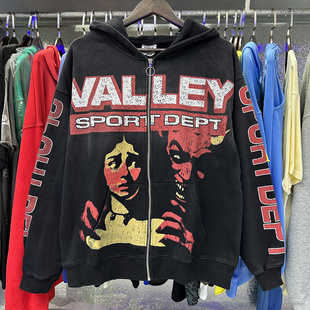 Vale 潮牌INS款 复古洗水做旧高街嘻哈纯棉拉链卫衣开衫 Valley美式