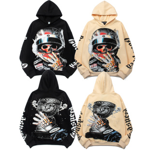 复古美式Godspeed骷髅赛车手印花潮牌嘻哈ins情侣抓绒卫衣连帽衫