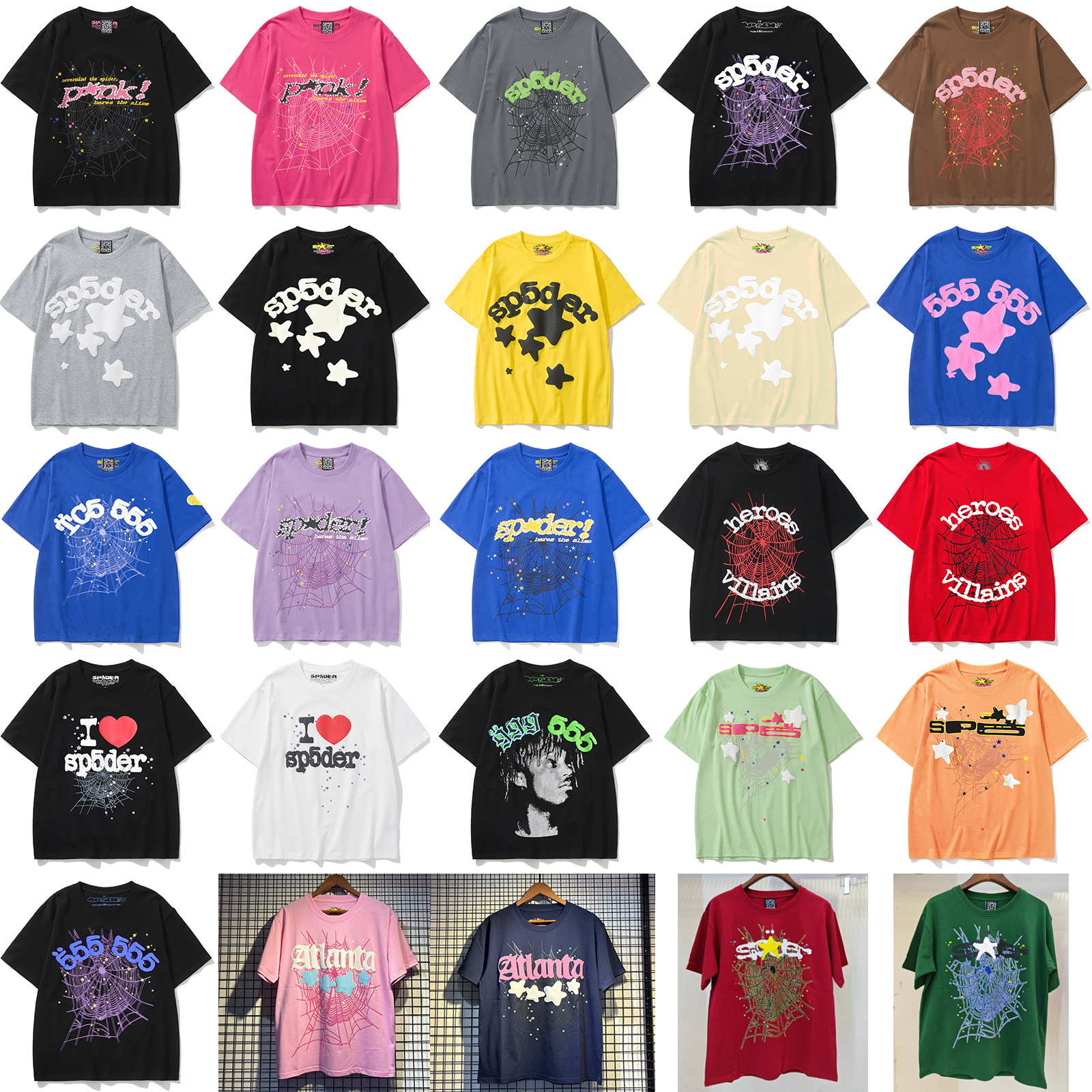 Sp5der涂鸦蜘蛛网YoungThug字母发泡印花宽松纯棉夏短袖T恤衫合集